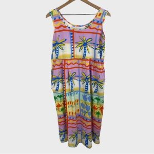 Vintage 90s Jams World Multicolor Pastel Palm Tree Floral Midi Dress Medium